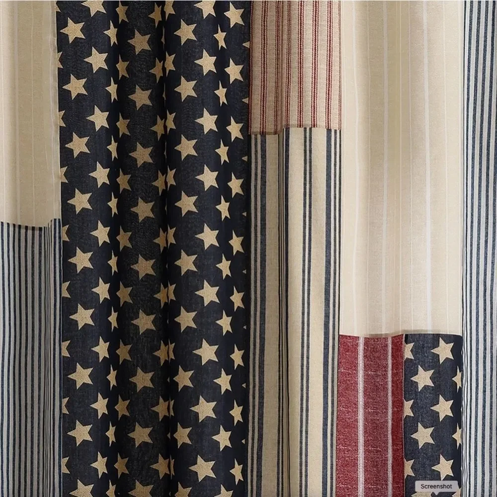 Americana Stars Stripes 100% Cotton Fabric Shower Curtain Farmhouse Cottagecore